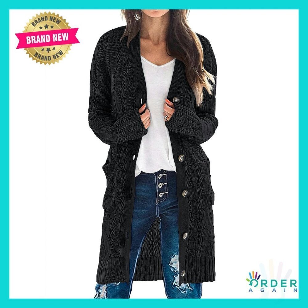 Cable Knit Cardigan Sweater Long Sleeve Oversized Boyfriend Style Cozy